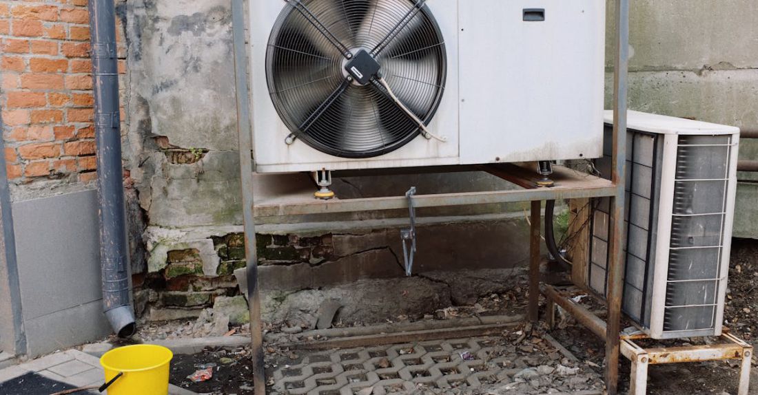 HVAC Systems - Air conditioner unit near wall of modern building on street