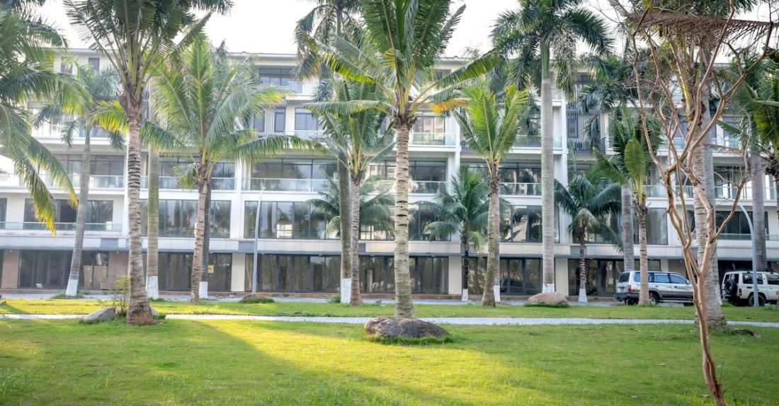 Community Gardens - Facade of contemporary apartment building near lawn with growing verdant palms in tropical city